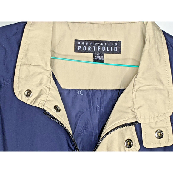 Mens Windbreaker Zip Up Jacket Size XL Navy Blue Tan Perry Ellis Portfolio Vtg - Picture 2 of 7